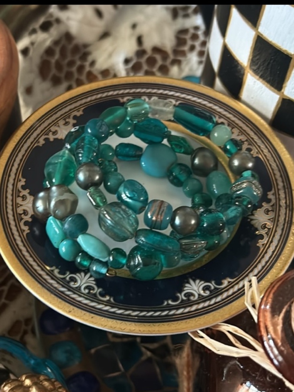 Vintage Blue Turquoise Art Glass Bead Wrap Memory Bracelet